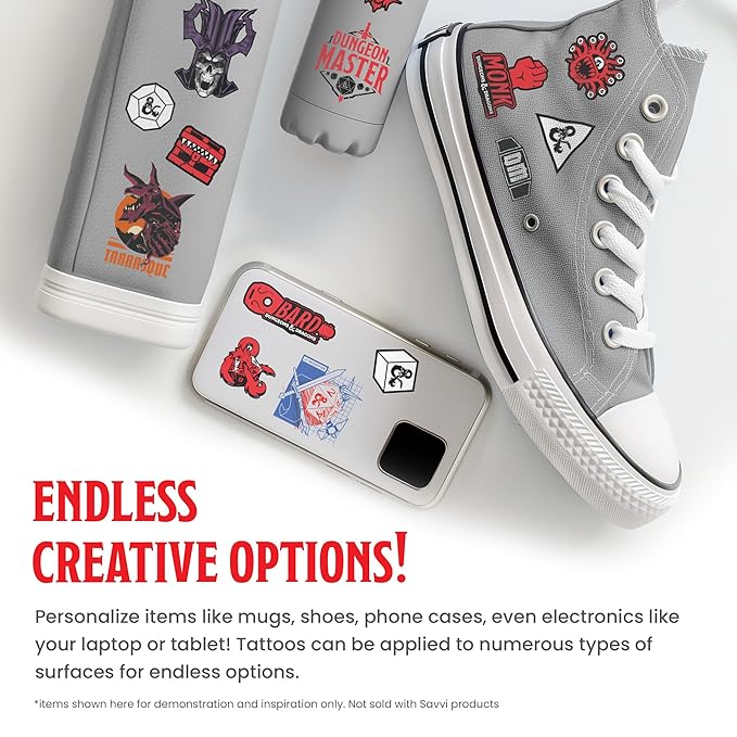 Savvi - 50 Dungeons & Dragons Temporary Tattoos: Skin-Safe Ink, Great for Birthday Parties and Game Nights, Boys and Girls Ages 4-12+, Made in the USA [6 sheets, 50 count]