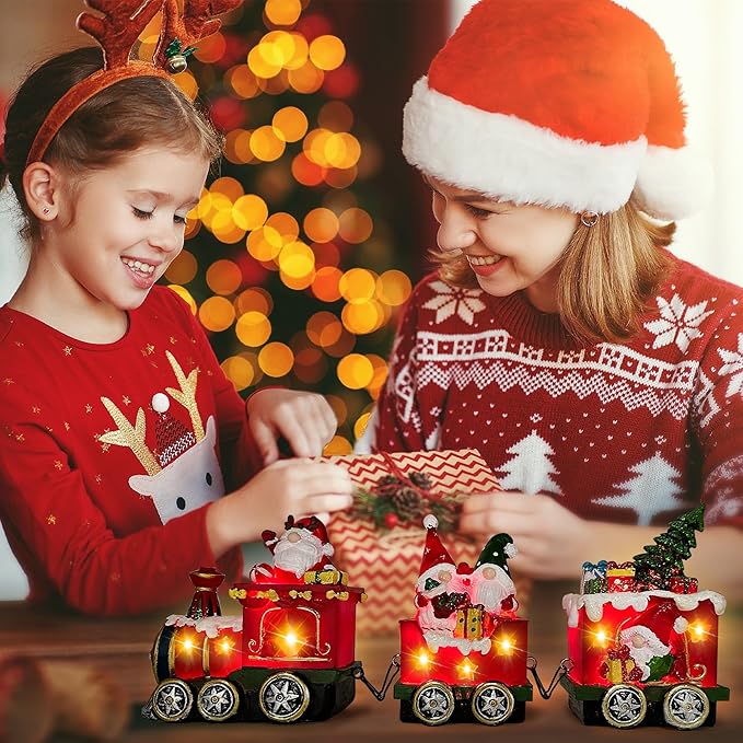 Hexagram Christmas Gnomes Decorations Centerpieces for Tables - Lighted Gnome Christmas Decorations Indoor Snowman Tabletop Decor, Xmas Table Centerpieces for Home - Light Up Train Figurines Table Top