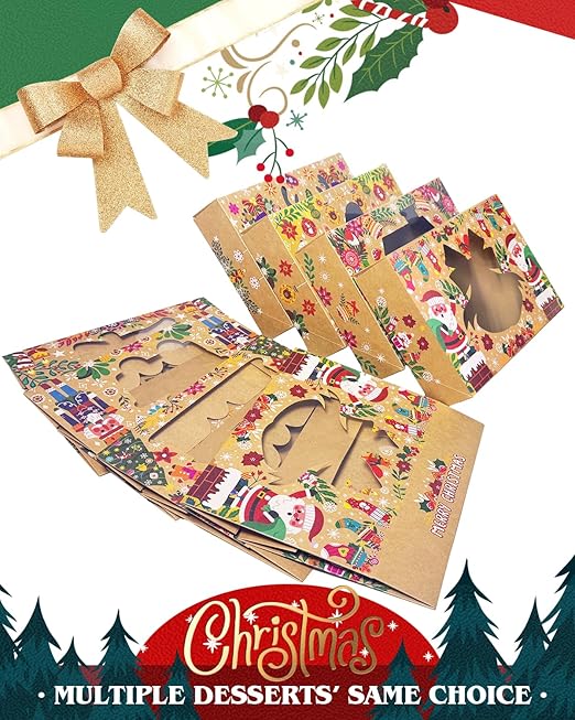 qiqee Christmas Bell version Cookie Boxes with Window 32packs 12x8x2.5 Inch Bakery Box Pastry Box for Christmas