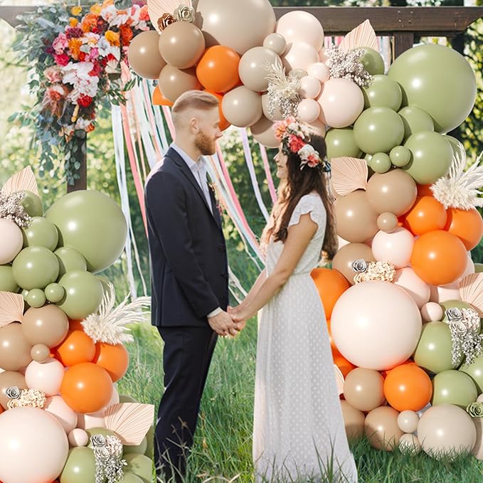 Dusty Green Orange Balloon Arch, Double Stuffed Blush Brown Cream Nude Balloon Garland Sage Green Sand White Orange Balloons for Neutral Baby Shower Wedding Birthday Gender Reveal Party Decoration