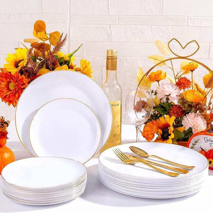 YOUBET 175PCS Gold Rimmed Plastic Plates - White and Gold Disposable Plates Includes 25 Dinner Plate, 25 Dessert Plate, 75Silverware, 25 Cups, 25 Napkins for Wedding & Party & Thanksgiving