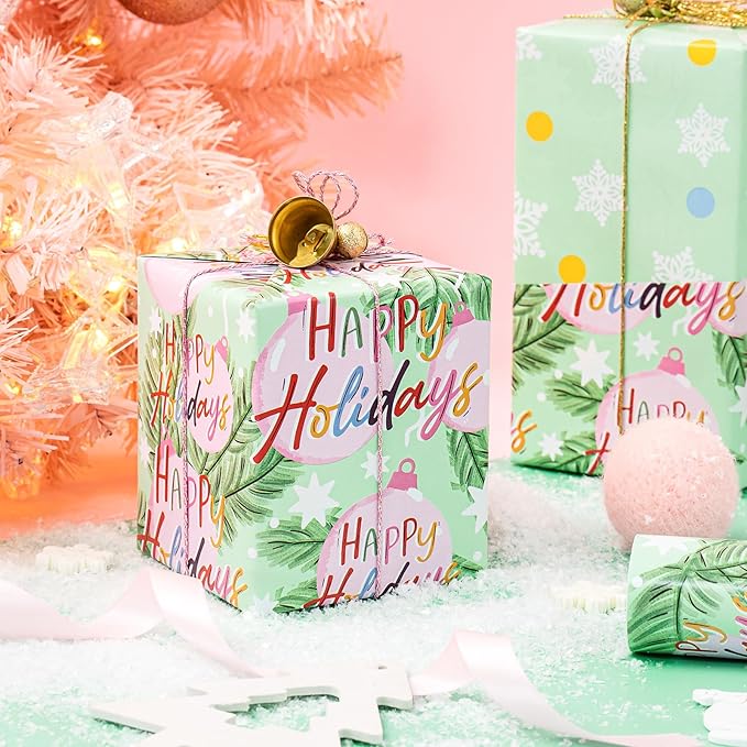 WRAPAHOLIC 30 Inch Jumbo Reversible Christmas Wrapping Paper - 30 Inch x 33 Feet - Happy Holiday Lettering with Christmas Ball Design for Holiday, Party Celebration