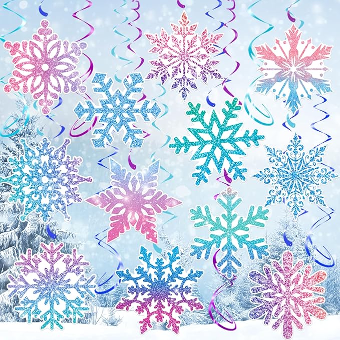 30Pcs Winter Snowflake Hanging Swirl, Frozen Snowflake Ceiling Streamers Hanging Decorations for Christmas Winter Wonderland Frozen Party Supplies