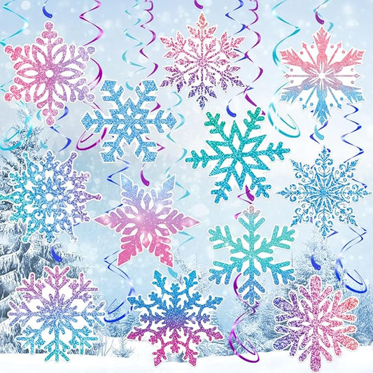 30Pcs Winter Snowflake Hanging Swirl, Frozen Snowflake Ceiling Streamers Hanging Decorations for Christmas Winter Wonderland Frozen Party Supplies