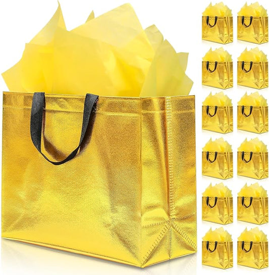 KeerxunBag 12Pcs Reusable Gift Bags（Includes Tissue Paper） Gift bag with handle Birthdays Parties Holidays Weddings Medium 13x5x11in Golden Yellow Gift Bags