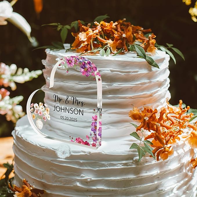 Custom Wedding Heart Acrylic Plaque,Mr & Mrs Cake Topper,Personalized Wedding Keepsake/Gift/Sign (Style 8)