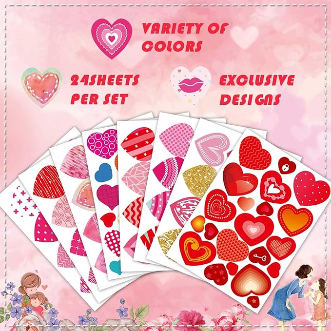 Heart Stickers for Kids, Valentines Day Colorful Heart Stickers Valentine's Day Love Decorative Stickers Valentine's Day Party Favors Supplies