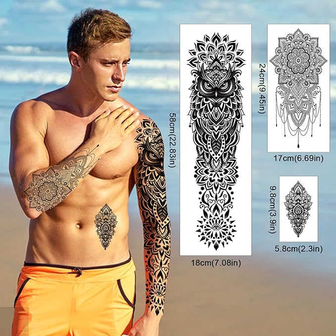 Yazhiji 48 Waterproof Temporary Tattoos For Adult, Mandala Vintage Black Lotus Temporary Tattoos for Men Women, Full Arm Fake Tattoo Bohemia Mandala Flower Fake Arm Tattoos for Boys Girls