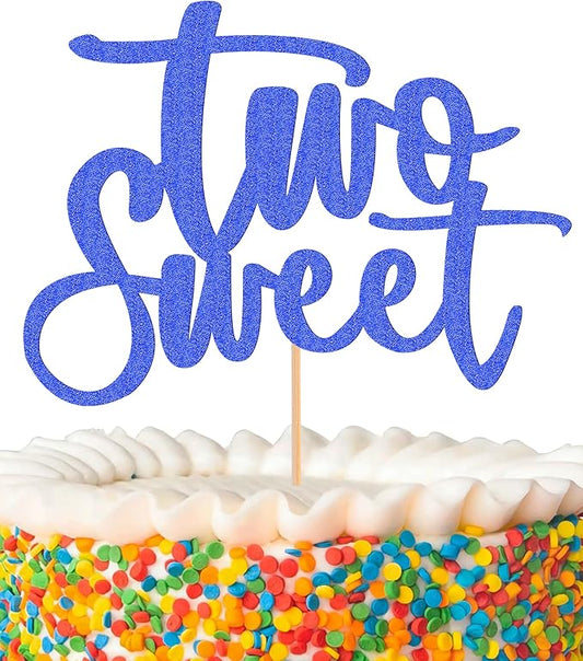 Two Sweet Cake Topper - Glitter Dark Blue 2nd Birthday Cake Decorations, Second Anniversary Cake Pick (Dark Blue)