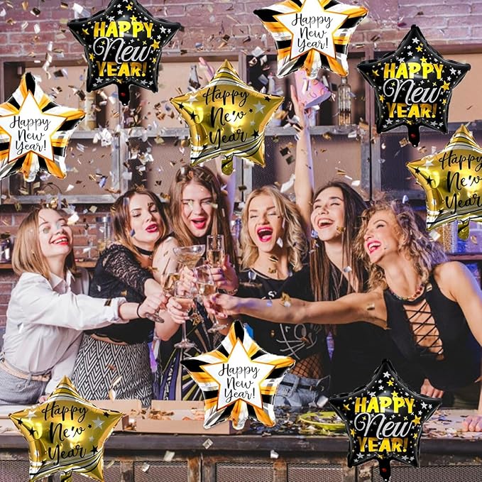 9pcs Happy New Year Balloons, Black and Gold Star Foil Balloon For 2026 New Years Eve Party Supplies
