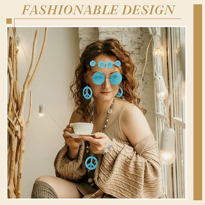 Batiyeer 6 Pcs Hippie Costume Accessories Set, Boho Peace Sign Daisy Flower 60s 70s Party Favors Decor for Groovy Party Women(Light Blue)