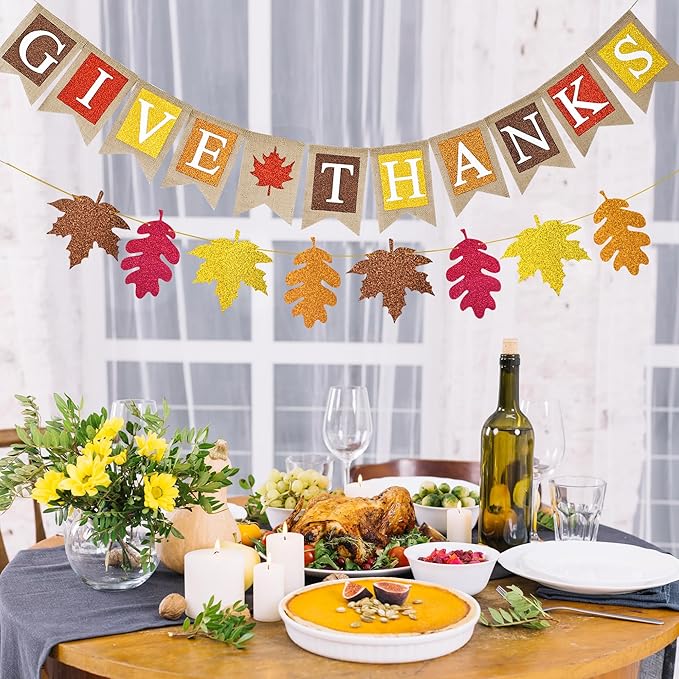 Give Thanks Burlap Banner Thanksgiving Decorations Maple Leaves Glitter Banner for Thanksgiving Party Fall Harvest Supplies Fireplace Mantle Decor
