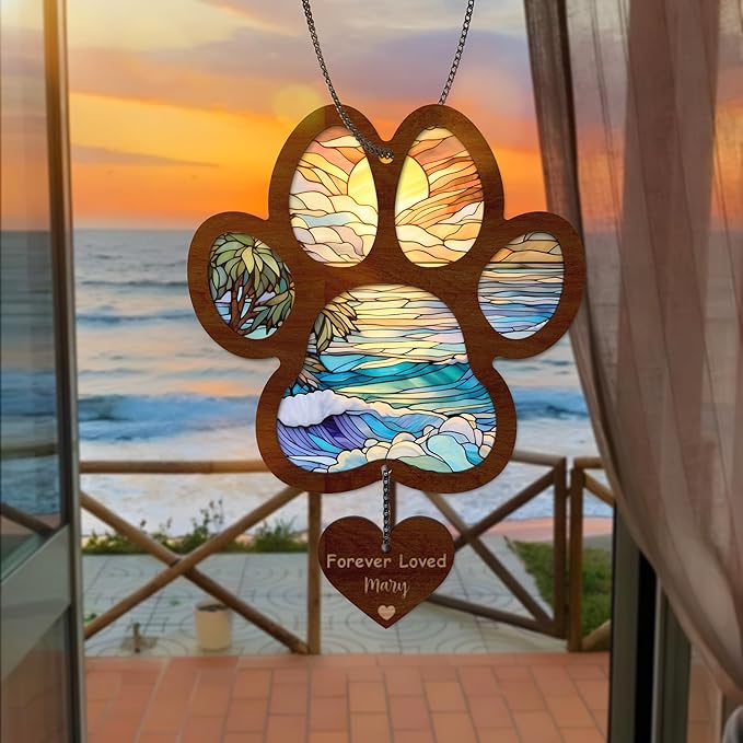 Personalized Dog Memorial Suncatcher, Paw Suncatcher Remembrance Gift, Engraved Pet Memorial Ornament, Pet Sympathy Keychain, Loss of Animal Sympathy Card, Rainbow Bridge Dog Loss Gift