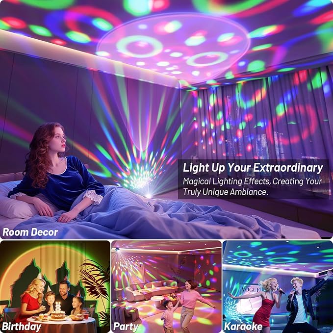 Disco Ball Party Lights Disco Light Sunset Lamp Projector with White+RGB+UV+YGB Modes LED Strobe DJ Stage Lights for TIK Tok Live Photography Parties Home Room Dance Birthday Christmas Halloween Decor