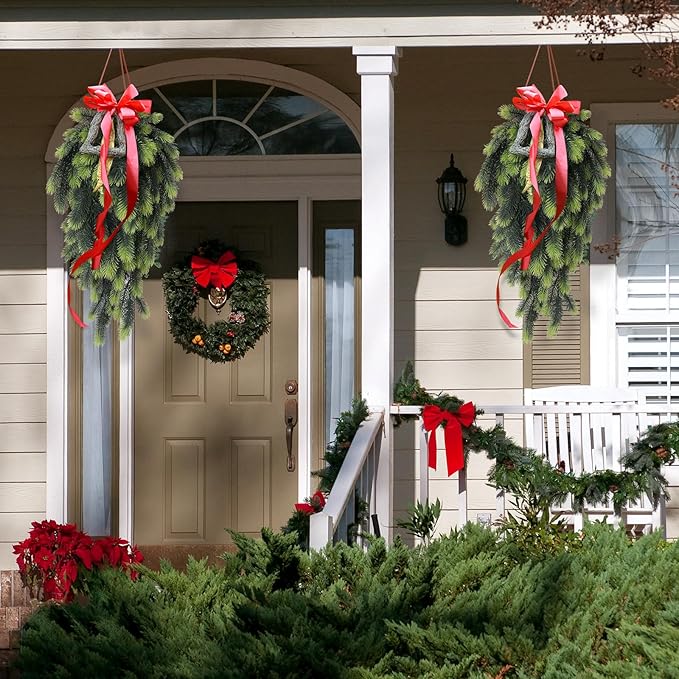 RECUTMS Artificial Hanging Pine Needles Green Plants,Fake Greenery Pine Picks Outdoor Faux Plants Hanging for DIY Christmas Embellishing and Home Outside Garden Decoration in 2 Pcs(Light Green)