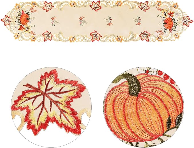 Simhomsen Embroidered Thanksgiving Harvest Pumpkins Table Runners for Autumn Or Fall Decorations (14 × 108 Inches)
