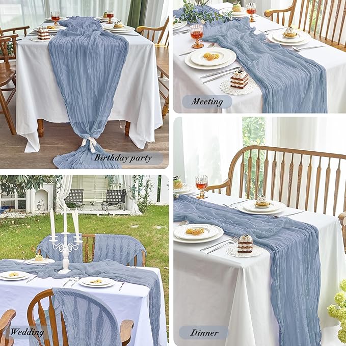 IVAPUPU 2 Pcs Cheesecloth Table Runner - 10ft Dusty Blue Boho Gauze Cheese Cloth Table Runners for Baby Shower Decoration Wedding Party Summer Garden Farmhouse