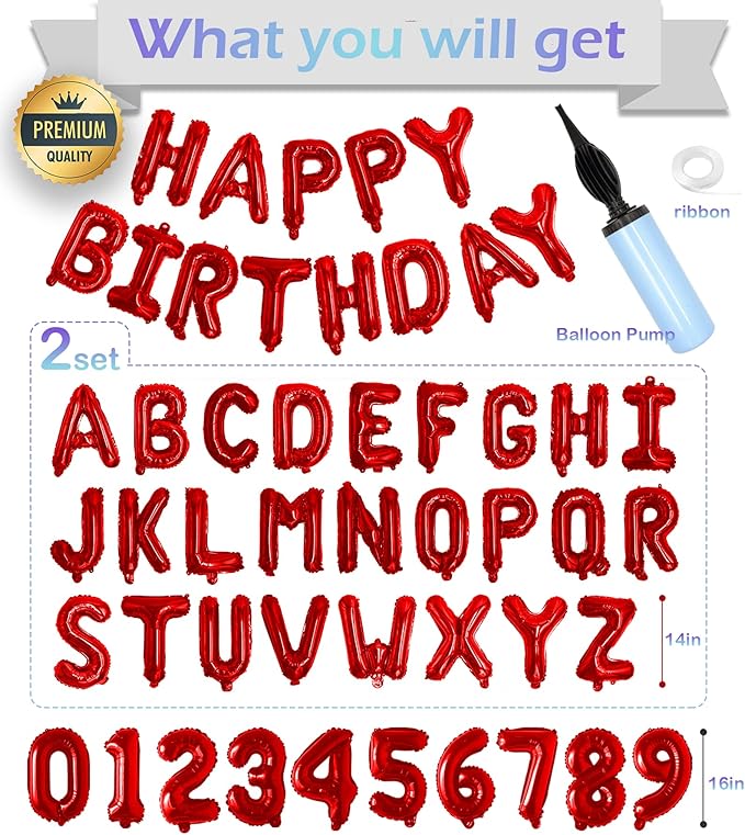 76pcs Happy Birthday Balloon Banner, Red Balloons Letters, Personalized 16" Mylar Foil Birthday Decorations includes 2 Sets A- Z, 1 set Number 0-9 and "HAPPY BIRTHDAY" letters (with Balloon Pump)