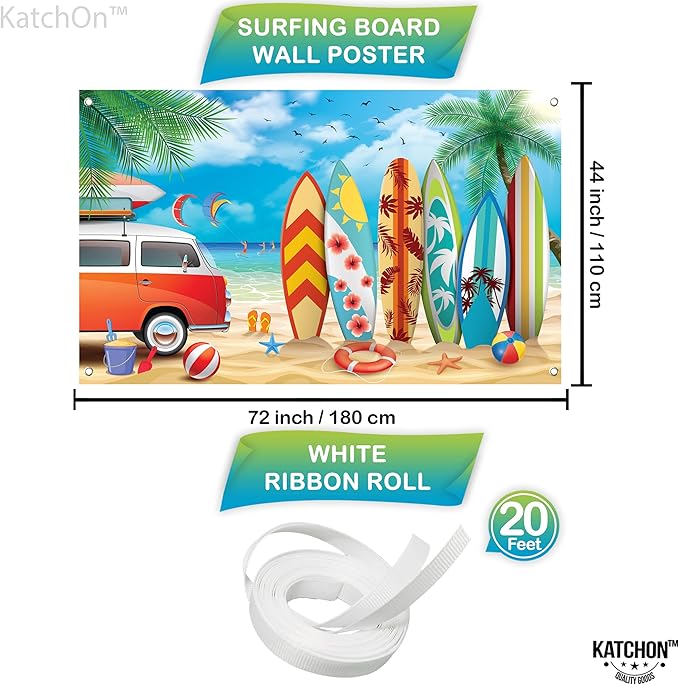 KatchOn, Xtralarge Beach Backdrop for Photography - 72x44 Inch | Aloha Blue Sky Ocean Palm Tree with Surfboard Background | Surfboard Backdrop, Surf Board Decoration | Surf Decorations For Party