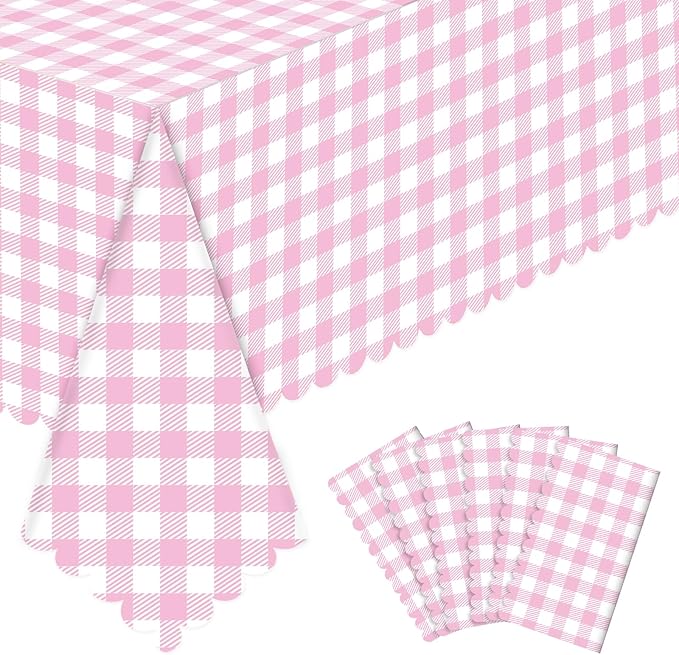 6 Pack Pink Gingham Tablecloth, 54 X 108Inch Plastic Pink Table Checkered Tablecloth Waterproof Pink and White Spring Checkered Tablecloths for Mothday’s Day Picnic Birthday Barbecue Parties
