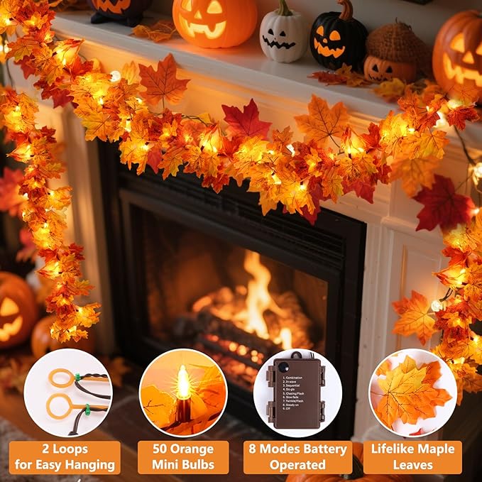 Fall Garland with Lights Battery Operated,10FT 50 Orange Bulbs Lighted Fall Leaves Garland,Fall Decorations for Home Thanksgiving,Mantel,Fireplace,Porch,Halloween,Table Decor Indoor Outdoor(1 Pack)