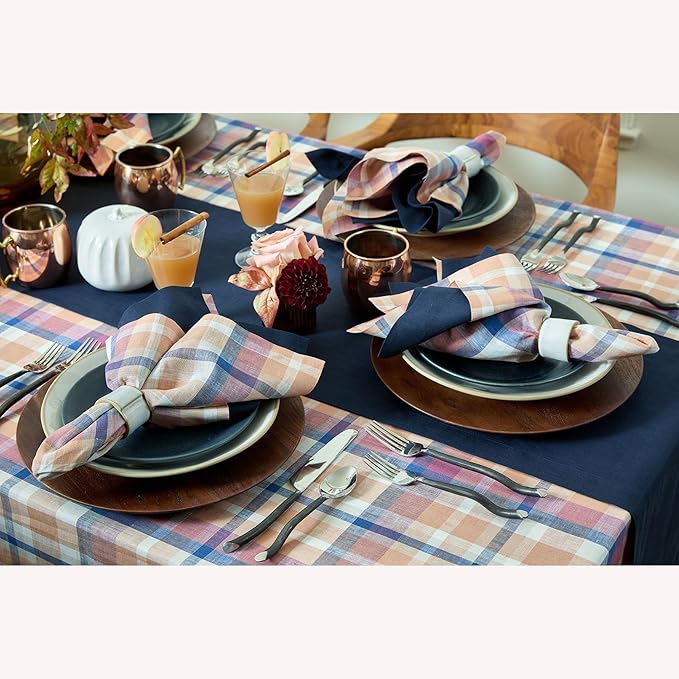 Solino Home Linen Plaid Table Runner 90 Inches Long - 100% Pure Linen Multicolor Fall Table Runner 14 x 90 Inch for Dining - Thanksgiving, Autumn, Fall Flavors Madras