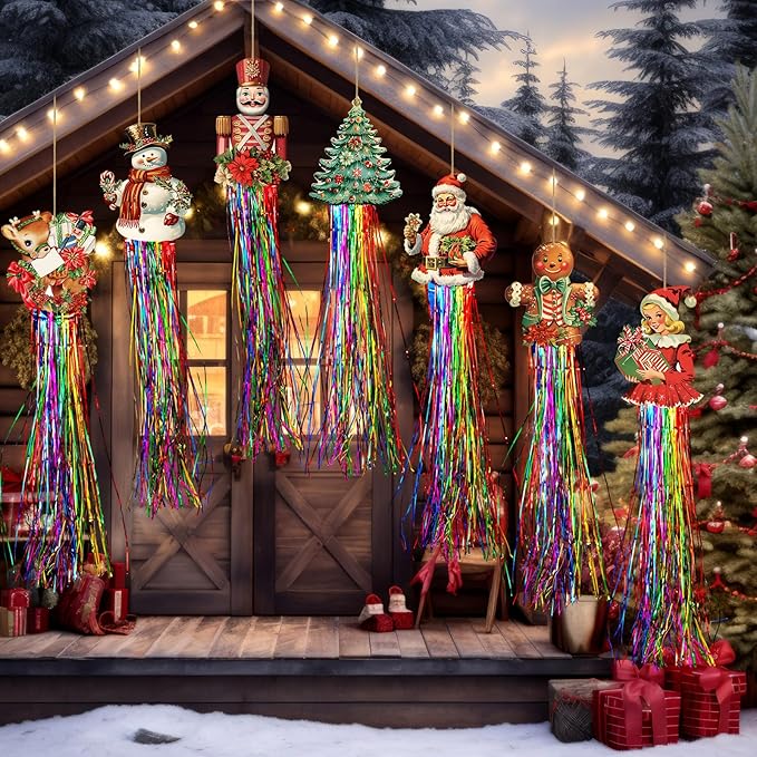8pcs Vintage Christmas Windsocks Outdoor Hanging Decorations with Tassels Christmas Yard Decorations for Outside 3.3ft Xmas Signs for Wall Tree Home Lawn Yard Party Supplies Garden Decor