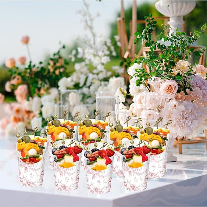 Tioncy 250 Pcs Charcuterie Cups with Cocktail Picks Sets, Bridal Shower Decoration 50 Charcuterie Cups with 200 Sticks for Wedding Baby Shower Floral Boho Witch Party Decorations(Pink,Flower)