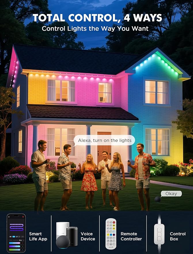 FNY Permanent Outdoor Lights 50ft Smart RGB with 30 LED, IP67 Waterproof for Outdoor Decor, App/Remote Control Eaves Lights Compatible with Alexa, Google Assistant, DIY Scene Modes for Christmas