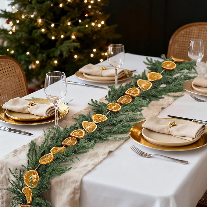 Christmas Garlands Set-6ft Norfolk Pine Garland with Dried Orange Slice,Real Touch Winter Pine Garland Green Artificial Greenery for Christmas Table Fireplace Mantle Xmas Holiday Decoration