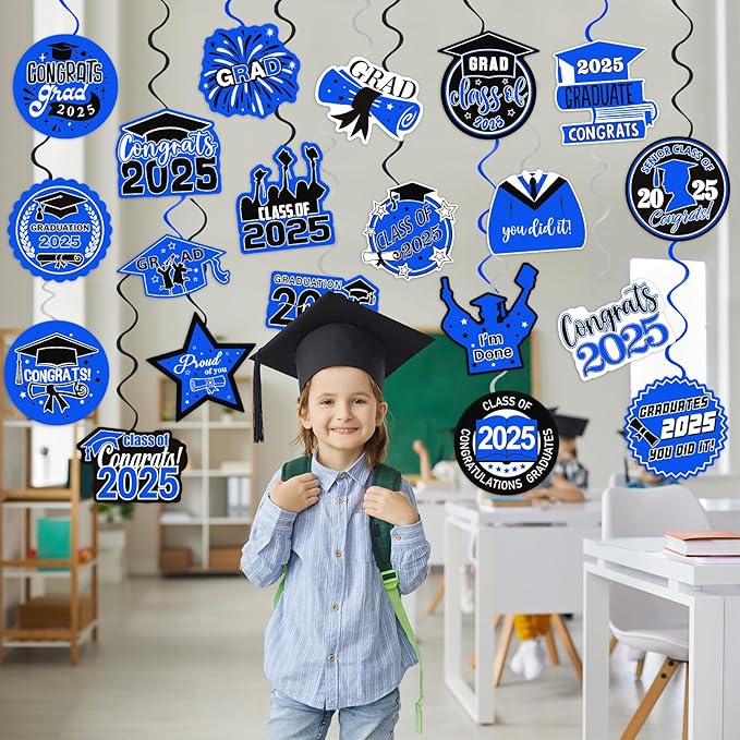 40Pcs Graduation Decorations Hanging Swirls, Blue Black Class of 2025 Graduation Party Hanging Swirls for 2025 Congrats Grad Party Decor