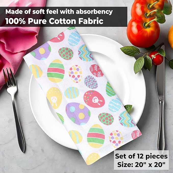 Urban Villa Easter Cloth Napkins Easter Eggs Print 100% Cotton Dinner Napkins Set of 12 (20x20 Inches) Highly Absorbent Soft Durable Washable Reuasble Ideal for Everyday Use Wedding Parties