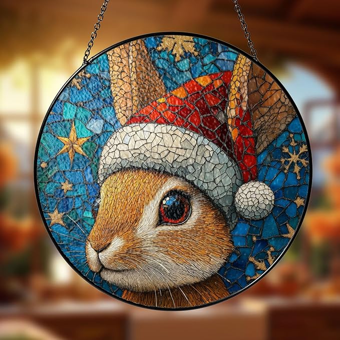 Desert Cottontail Rabbit Stained Glass Window Hanging Decor - Desert Cottontail Rabbit Christmas Decor - Wall Decor for Indoor Outdoor - Xmas Gift for Home Decor