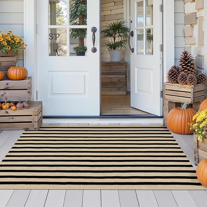 KIMODE Black and Khaki Striped Outdoor Rug 3'x 5', Washable Fall Patio Rugs, Cotton Woven Farmhouse Welcome Layered Door Mats for Front Door Entryway Thanksgiving Autumn Decorations