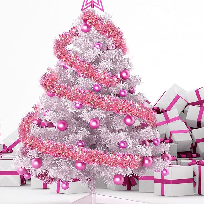 Dilunave 40 Feet Christmas Tinsel Garland Metallic Foil Twist Tinsel Garland Decoration for Christmas Tree, Wedding, Birthday and Party Hanging Decorations(Pink, Rainbow)