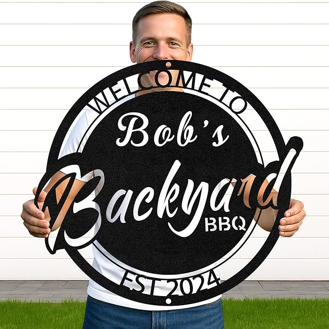 Custom BBQ Grill Metal Sign Personalized Name Wall Art for Outdoor Barbecue Patio Kitchen Backyard Decor Gift for Dad Husband Men Papa Grandpa Father Grilling Enthusiasts Family Lover Funny Gifts 13