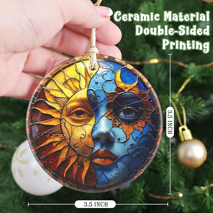 Sun and Moon Ceramic Christmas Ornament, 3.5 Inch Hanging Decor for Christmas Tree, Gift for Holiday Present Exchange