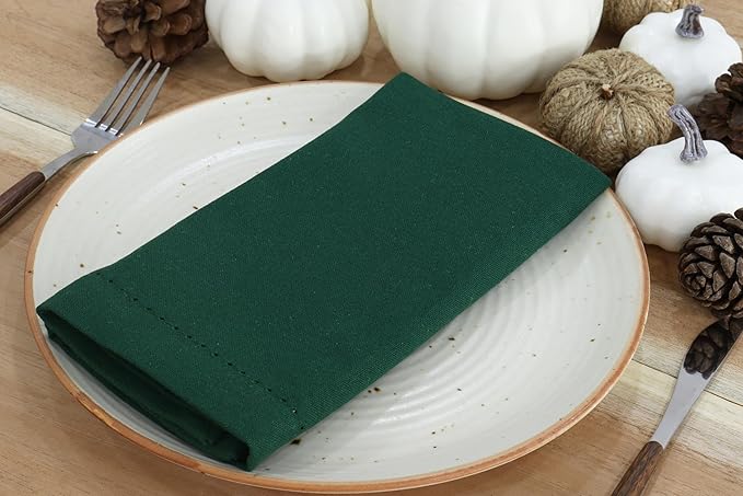 PurpleEssences Set of 12 Hemstitch Cloth Dinner Napkins 100% Cotton - Soft Durable Washable - Ideal for Wedding Fall Thanksgiving - Perfect Everyday Use Table Linen 18x18 - Forest Green