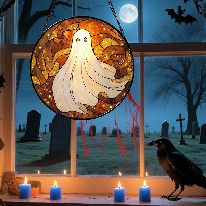 Stained Glass Window Hanging - Halloween Decoration White Ghost Robe Suncatcher for Door Garden Spooky Starry Sky Sun Catchers Gothic Decor Horror Gifts for Women Men Friend Boy Girl 11.8 in