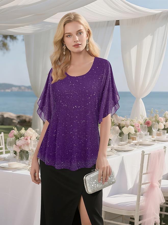 Ninedaily Women's Tops 3/4 Sleeve Blouses Dressy Casual Double Layers Mesh Tunic Shirts