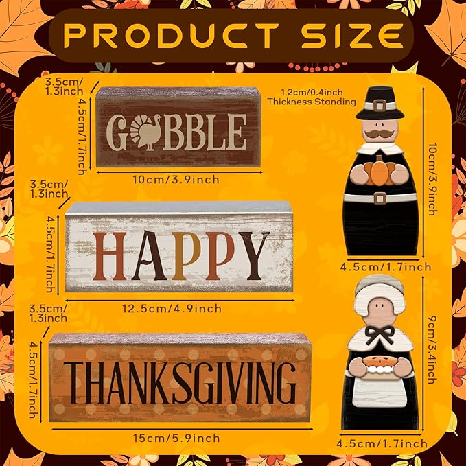 4 Pcs Thanksgiving Decoration for Home Wooden Pilgrim Couple Decor Thanksgiving Tiered Tray Decor Fall Centerpiece Rustic Decorative Pilgrim Block Sign Gift Farmhouse for Home Kitchen