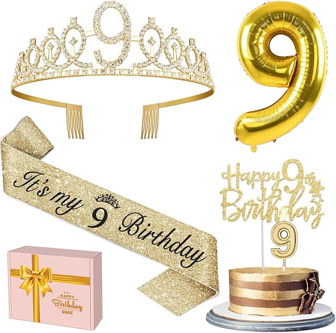 9th Birthday Decorations for Girl Gold with 9th Birthday Sash and Tiara, Candles and Cake Topper, Number Balloons, 9 Year Old Gifts for Girls
