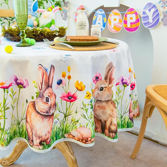 Easter Bunny Tablecloth Waterproof, Spring Floral Print Rectangular Table Cloth, Stain Resistant Table Cover Perfect for Dining & Kitchen Decor, 60 inch Round