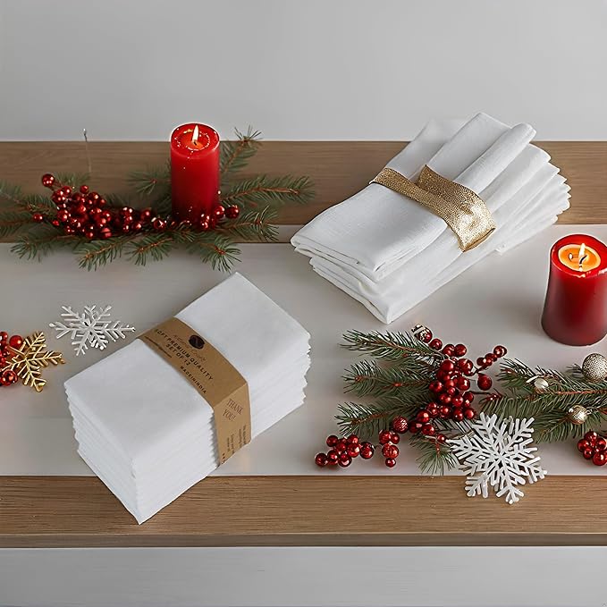 White Cloth Napkins Cotton Linen Dinner Napkins (Set of 12) 18x18 Inches Absorbent Soft Durable Reusable and Washable Fabric Napkin - Ideal for Everyday Use Parties Wedding Spring Summer Easter