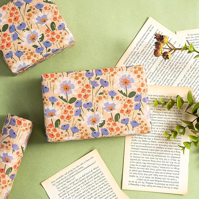 WRAPAHOLIC Kraft Floral Wrapping Paper Roll - Mini Roll - 17 Inch x 16.5 Feet - Watercolor Flower Wrapping Paper, Perfect for Wedding, Birthday, Bridal Shower, Tea Party