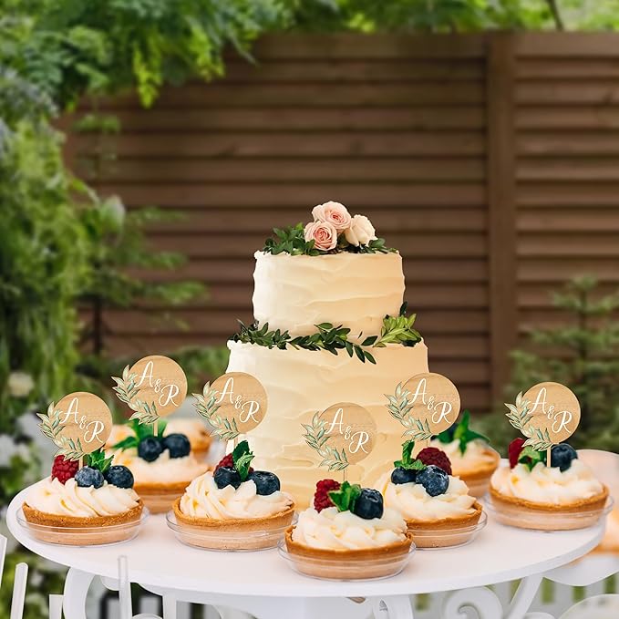Custom Wedding Cupcake Toppers Personalized Cake Cupcake Decorations in Wood (36 PCS)
