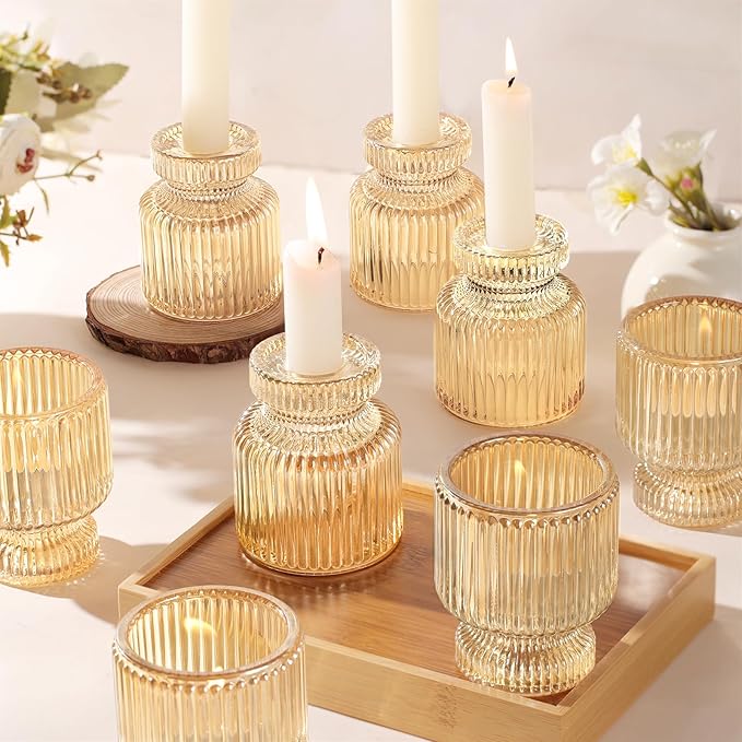 DARJEN 12 Pcs Glass Candlestick Holders- Gold Taper Candlestick Holders Tealight Votive Candle Holders for Table Centerpieces, Wedding, Dinner Party, Home Decor