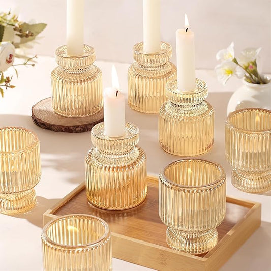 DARJEN 12 Pcs Glass Candlestick Holders- Gold Taper Candlestick Holders Tealight Votive Candle Holders for Table Centerpieces, Wedding, Dinner Party, Home Decor