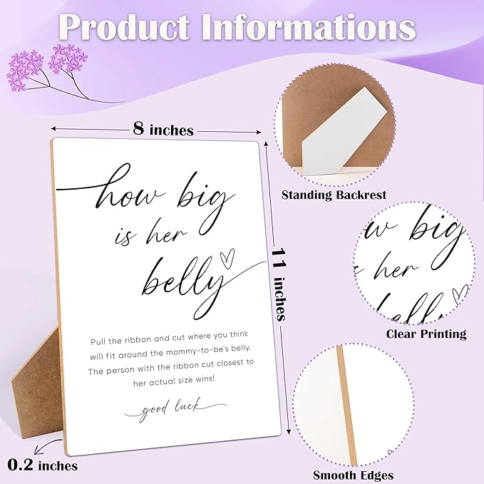 How Big Is Her Belly Sign, Measure the Belly Baby Shower Game， 8×11 Inches Wooden Sign With Stand, Gender Neutral Tabletop Decor for Gender Reveal Party, Baby Shower Decorations