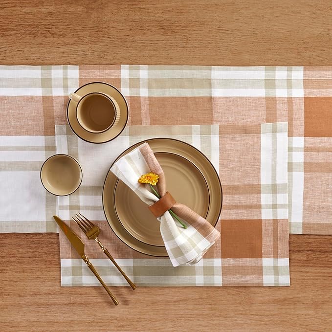 Solino Home Linen Plaid Table Runner 144 Inches Long - 100% Pure Linen Fall Harvest Table Runner 14 x 144 Inch for Dining, Autumn, Thanksgiving